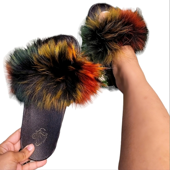 Unbranded Shoes - 💎Black Multi Color Fur Slide Sandals💎